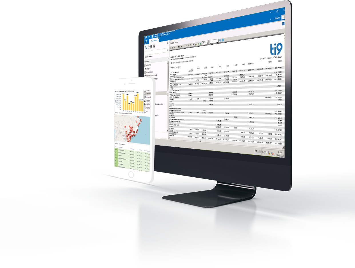 Tela do ERP em monitor e celular