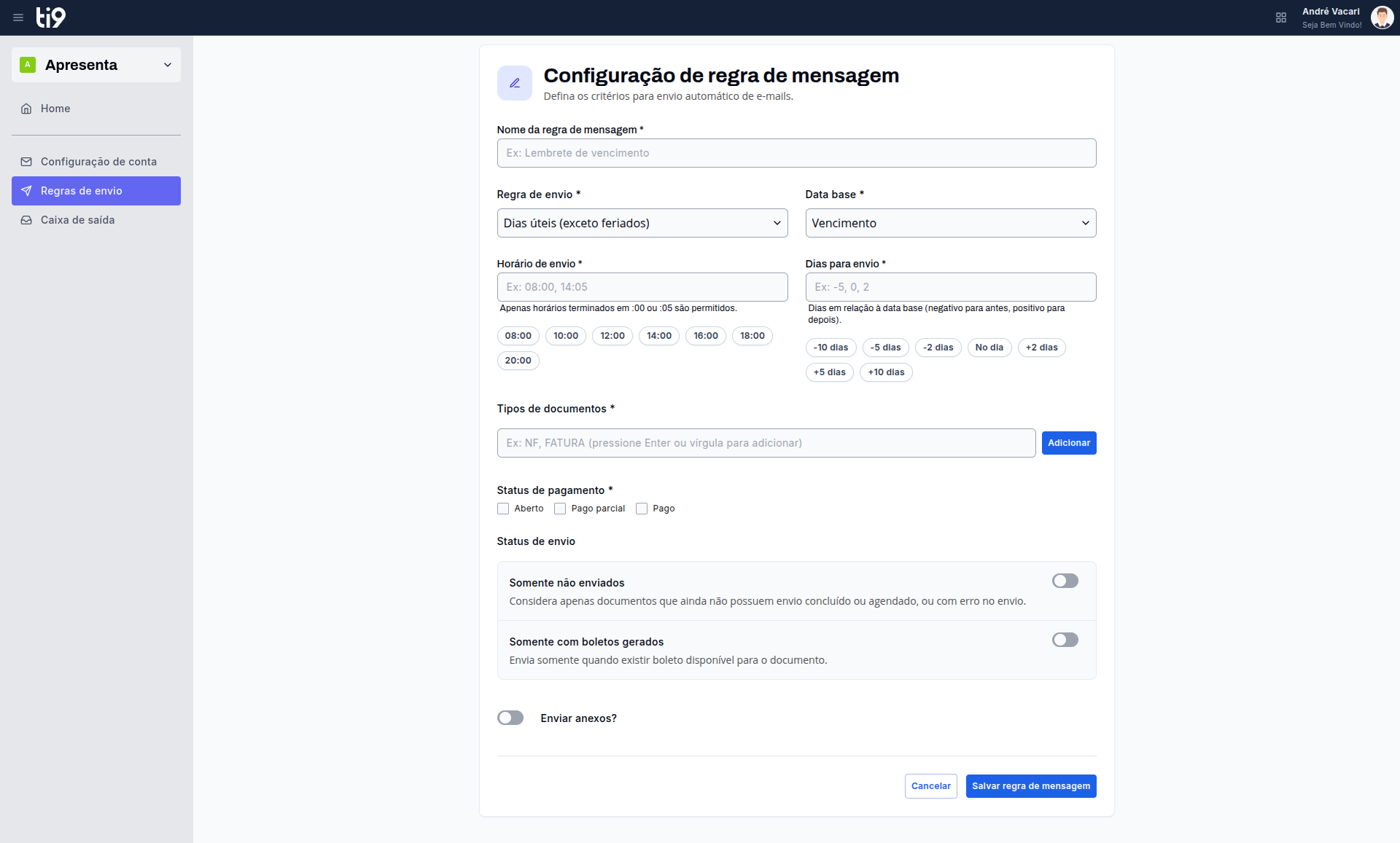 Tela do sistema: Regras de envio