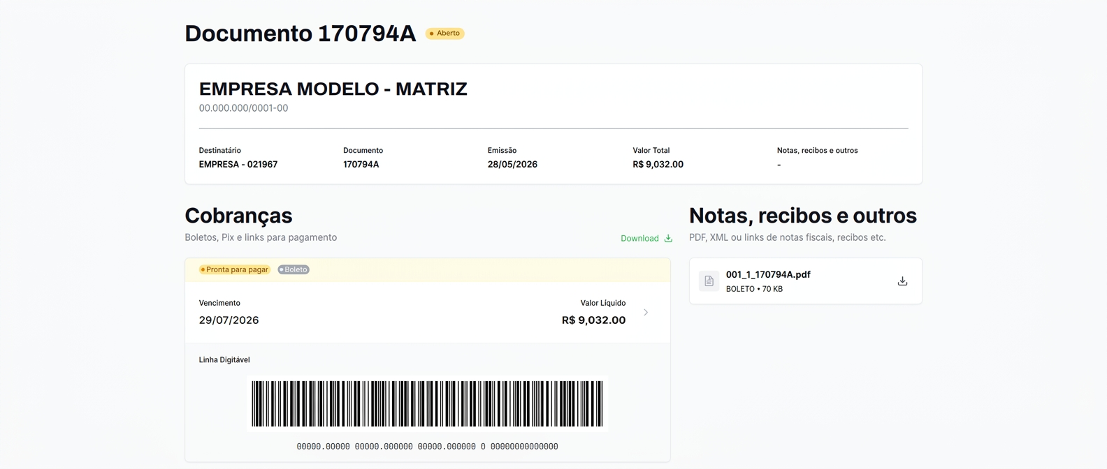 Tela do sistema: Documento aberto